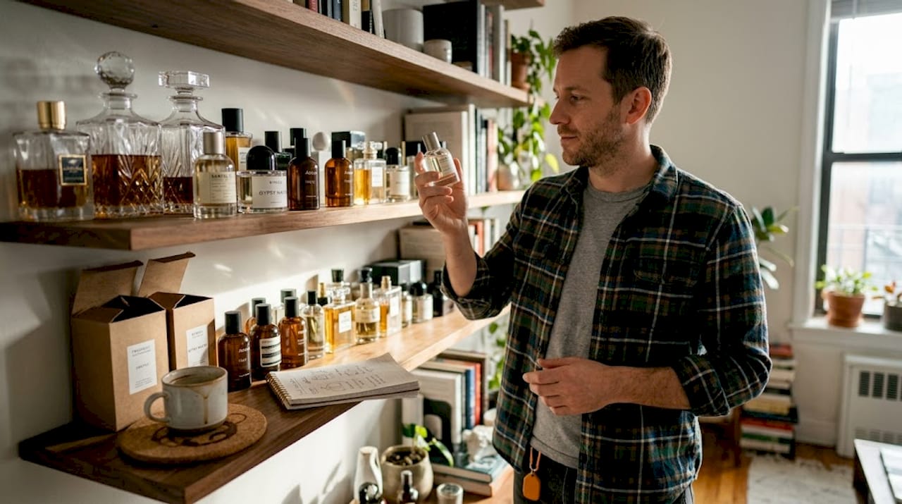 Man comparing designer and niche perfume bottles