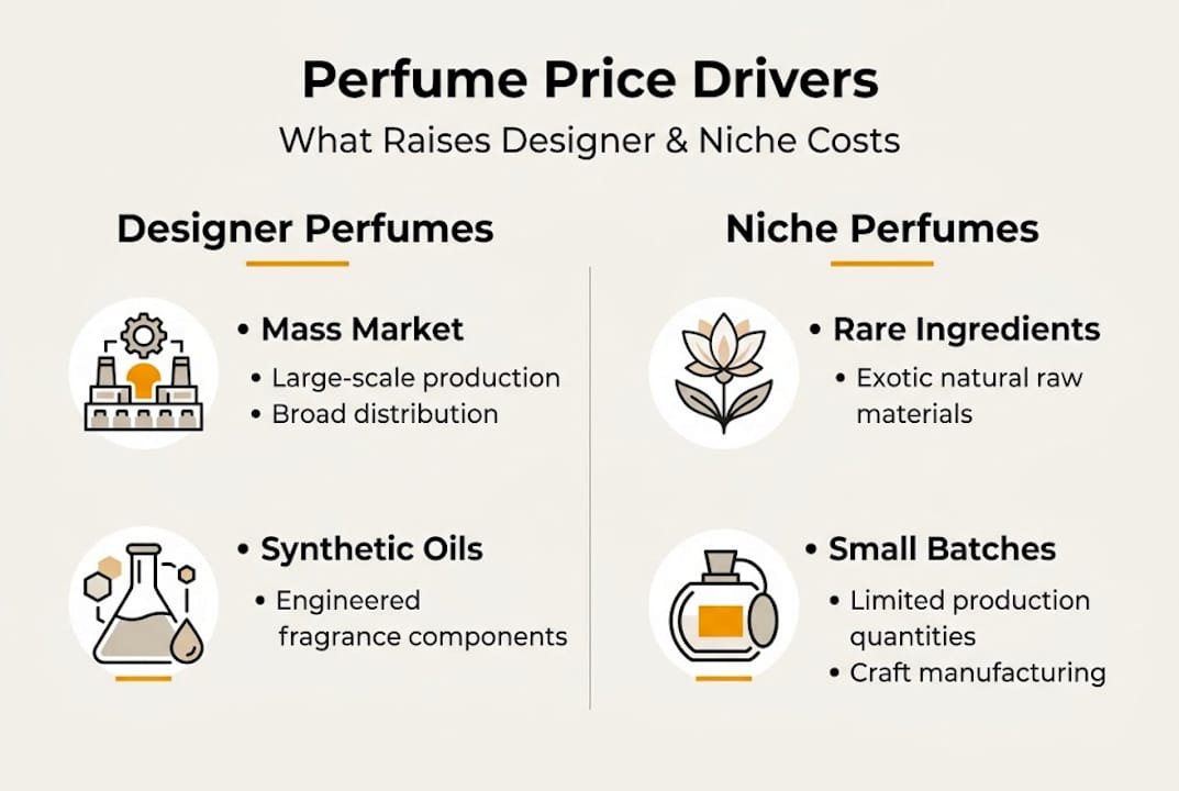 Infographic breaking down designer vs niche perfume costs
