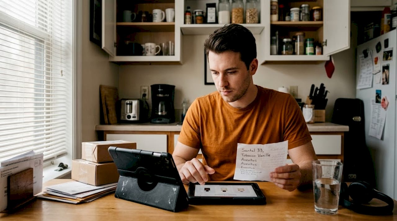 Man shopping perfume on tablet at kitchen table