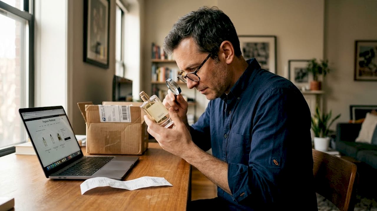 Man checking perfume authenticity at desk