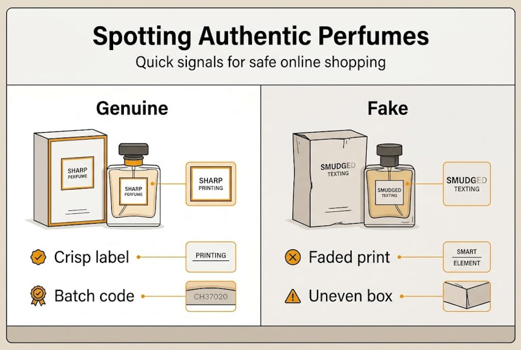 Infographic showing authentic versus fake perfume signals
