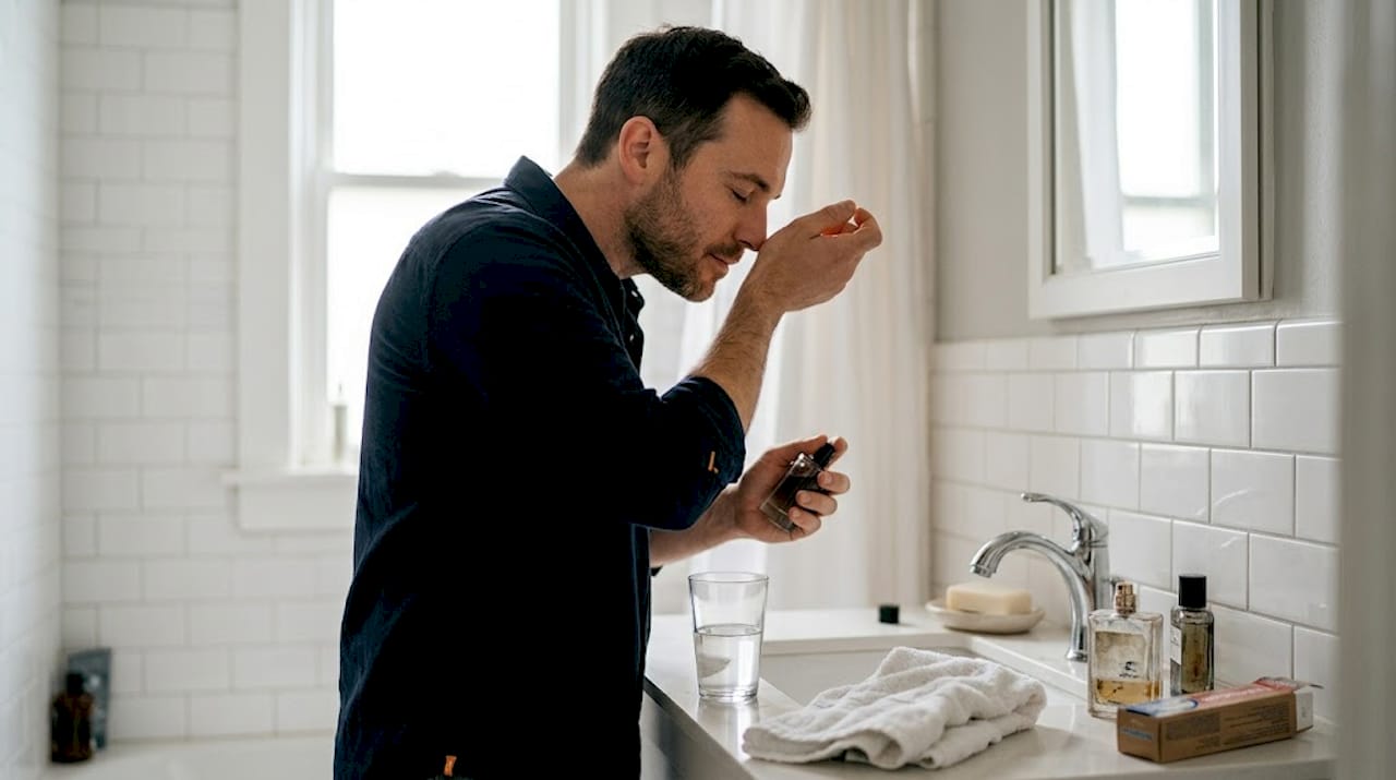 Testing fragrance on skin in bathroom