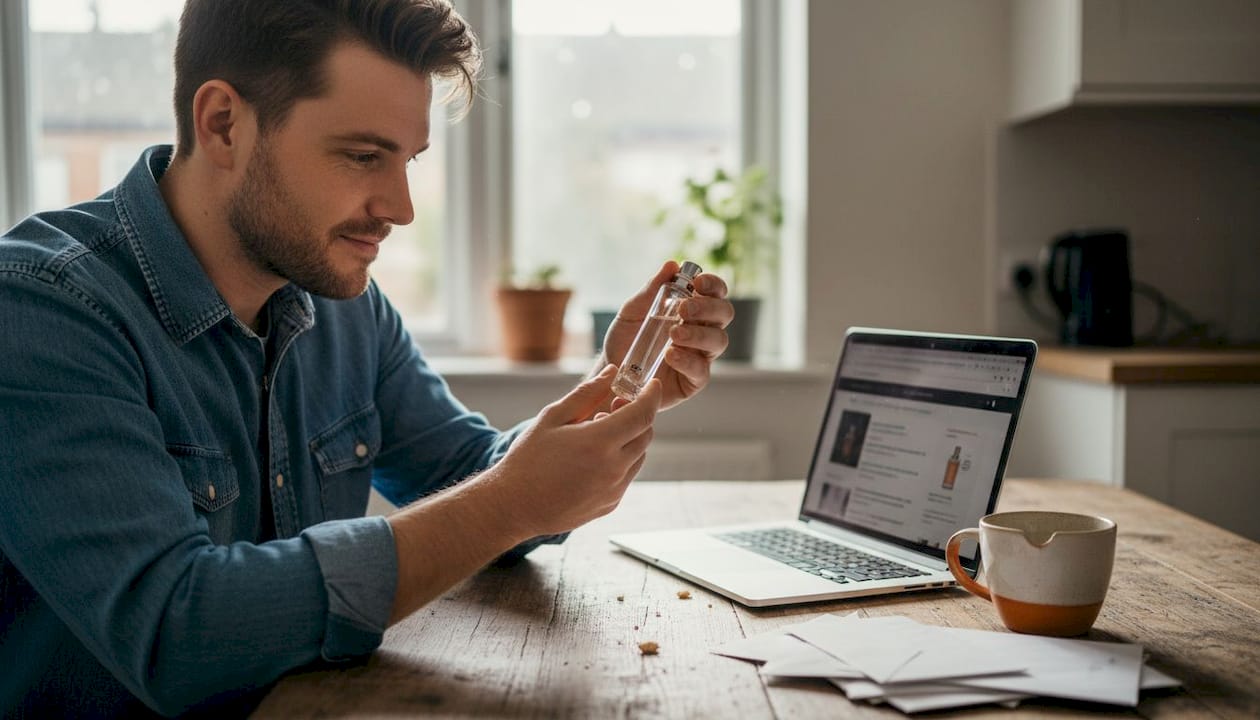Man checking perfume authenticity code
