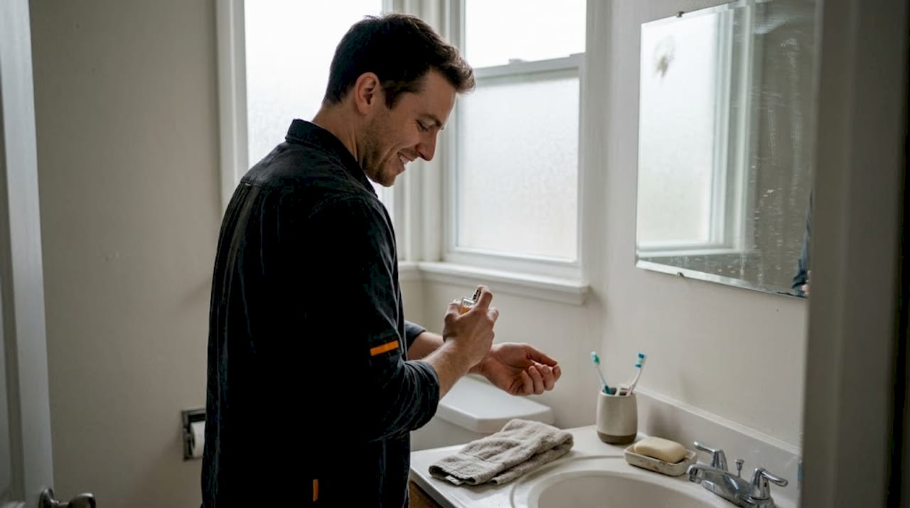 Man applying perfume in home bathroom