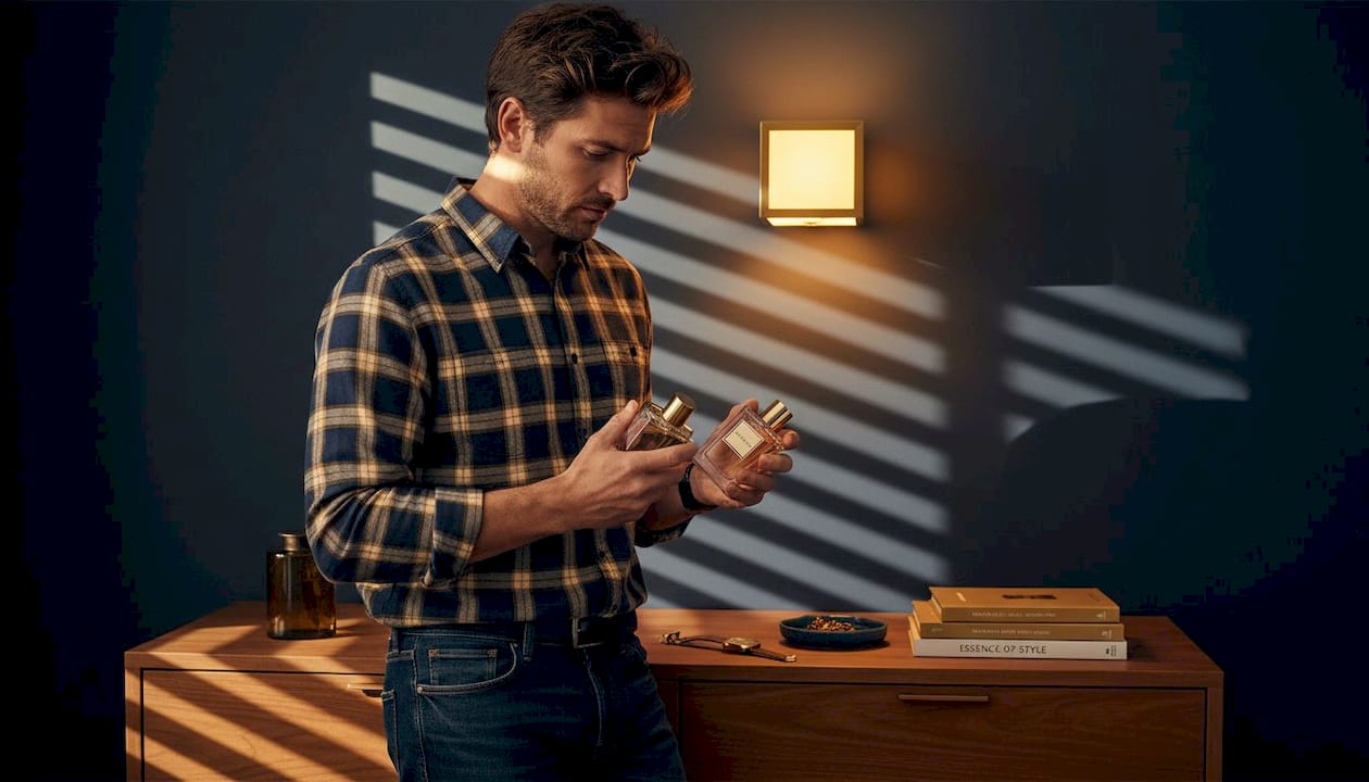 Man comparing perfume bottles at dresser