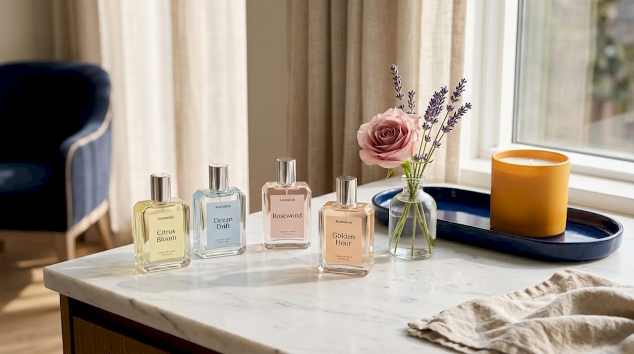 Variety of floral perfumes on marble counter