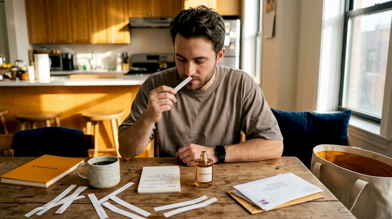 Man testing fragrance with scent strip