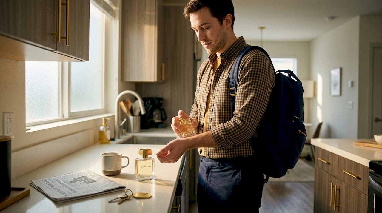Man applying designer perfume before work