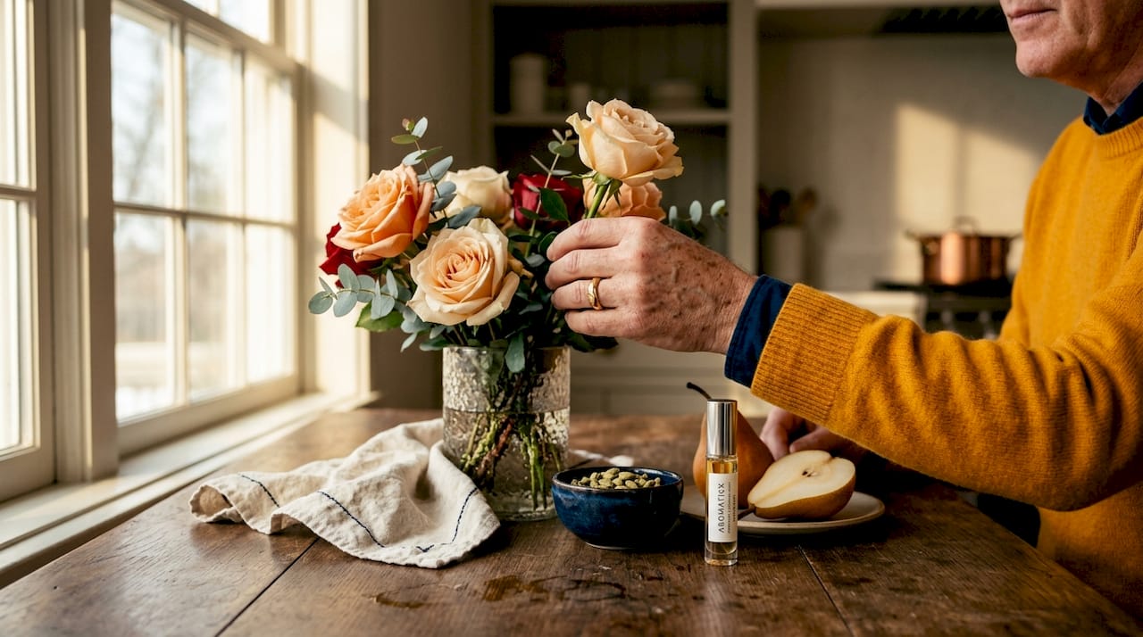 Arrangement of florals spices and pear on table