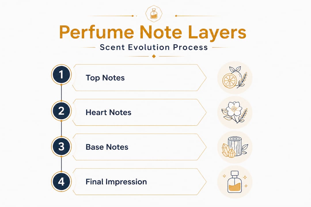 Vertical flow infographic of perfume note layers