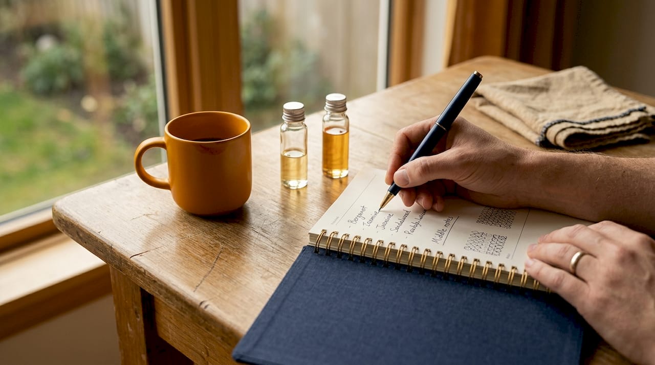 Hand writing fragrance layering notes in journal