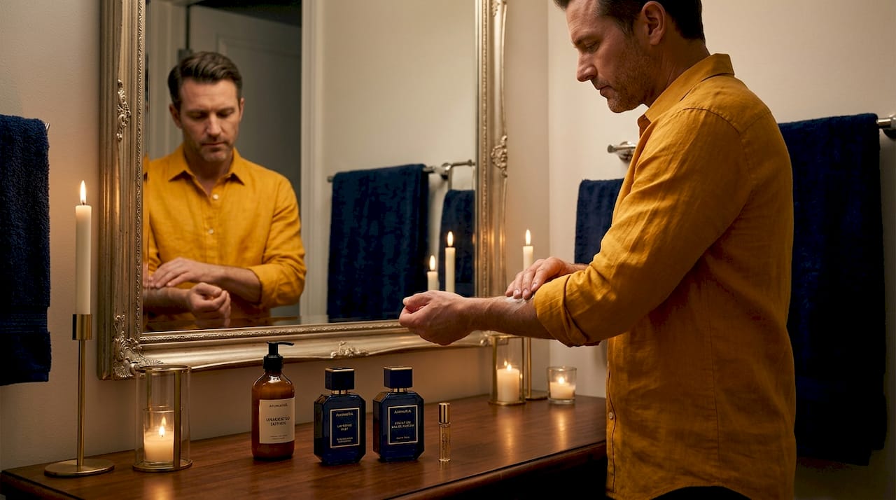 Man layering lotion and perfume in bathroom