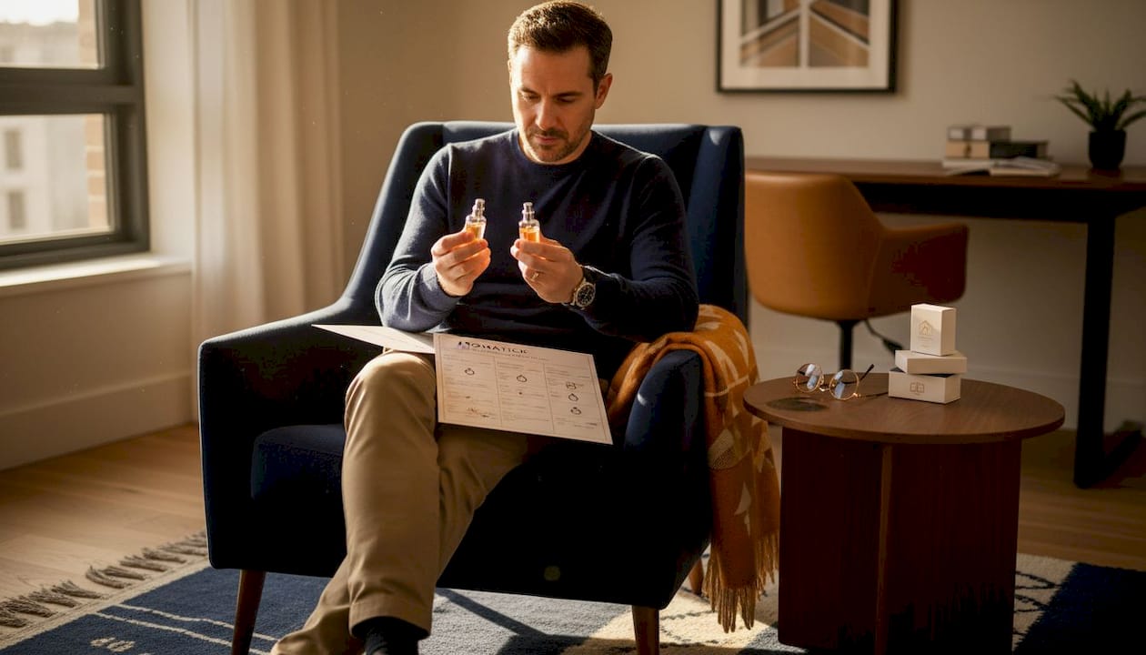 Man reviewing niche fragrance samples at home