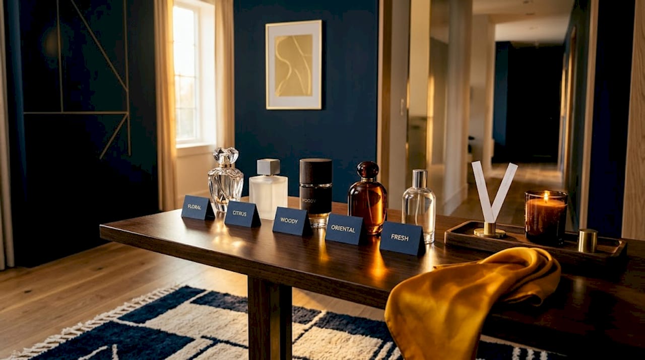 Five labeled perfume bottles representing scent families