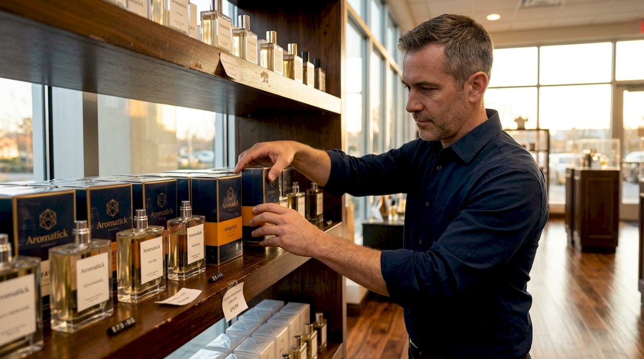 Shelf with tester and retail perfumes displayed
