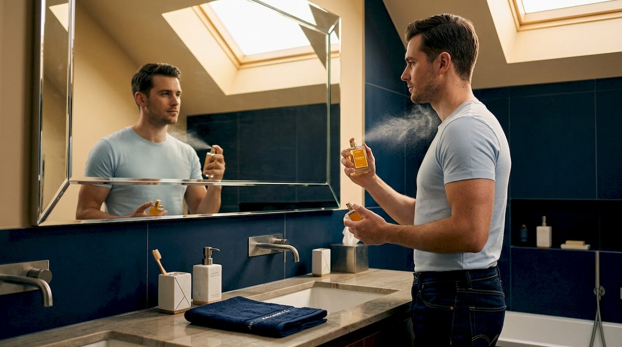 Man testing perfume atomizer in bathroom