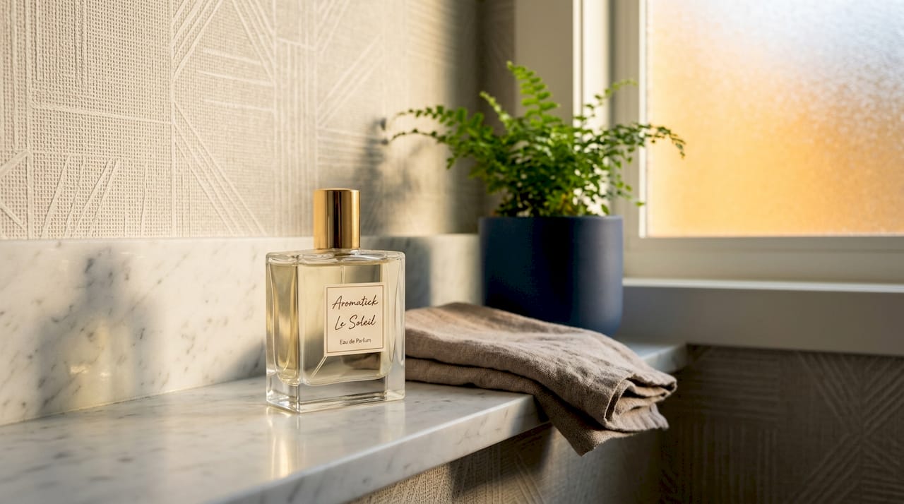 Perfume bottle on shelf with bathroom details