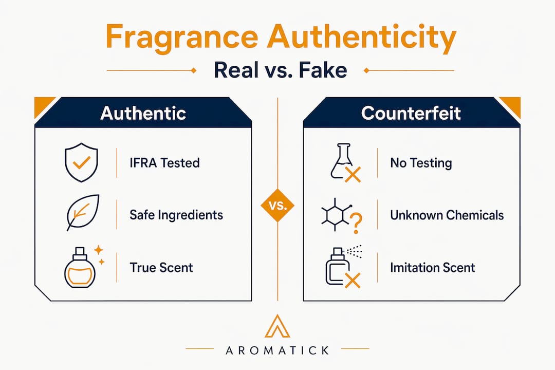 Infographic comparing authentic and counterfeit fragrances