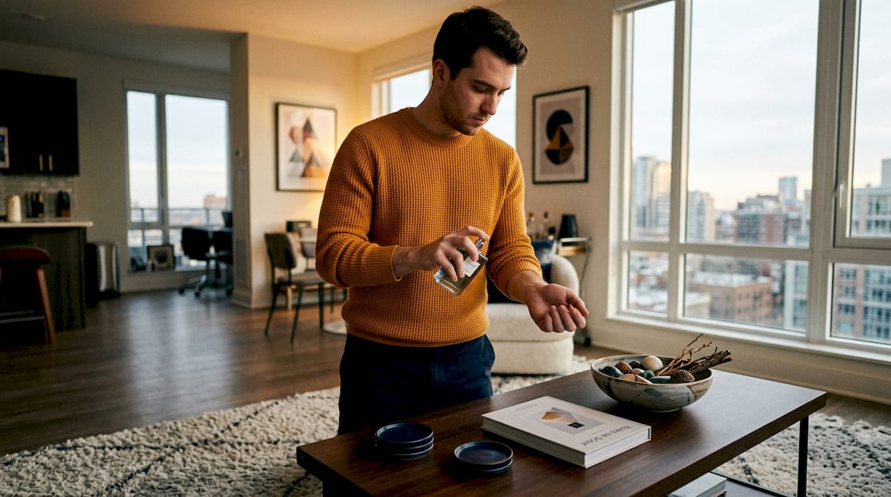 Man testing fragrance on wrist in bathroom