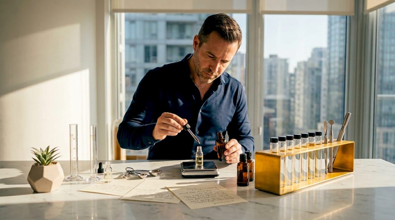 Perfumer blending oils in studio workspace