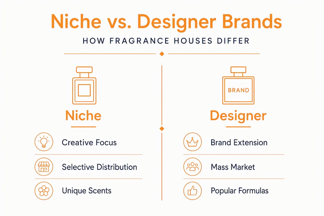 Infographic comparing niche and designer fragrance brands