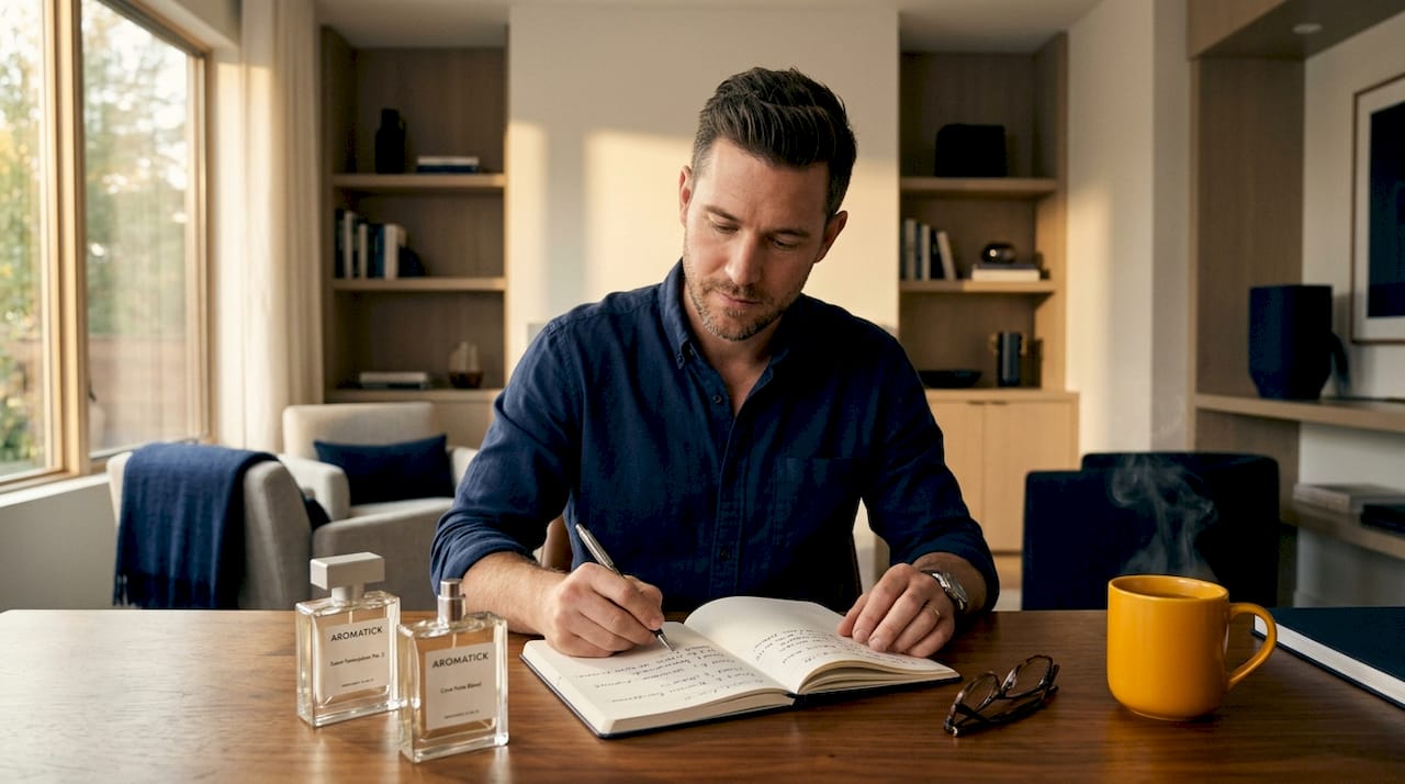 Man recording perfume scents in notebook