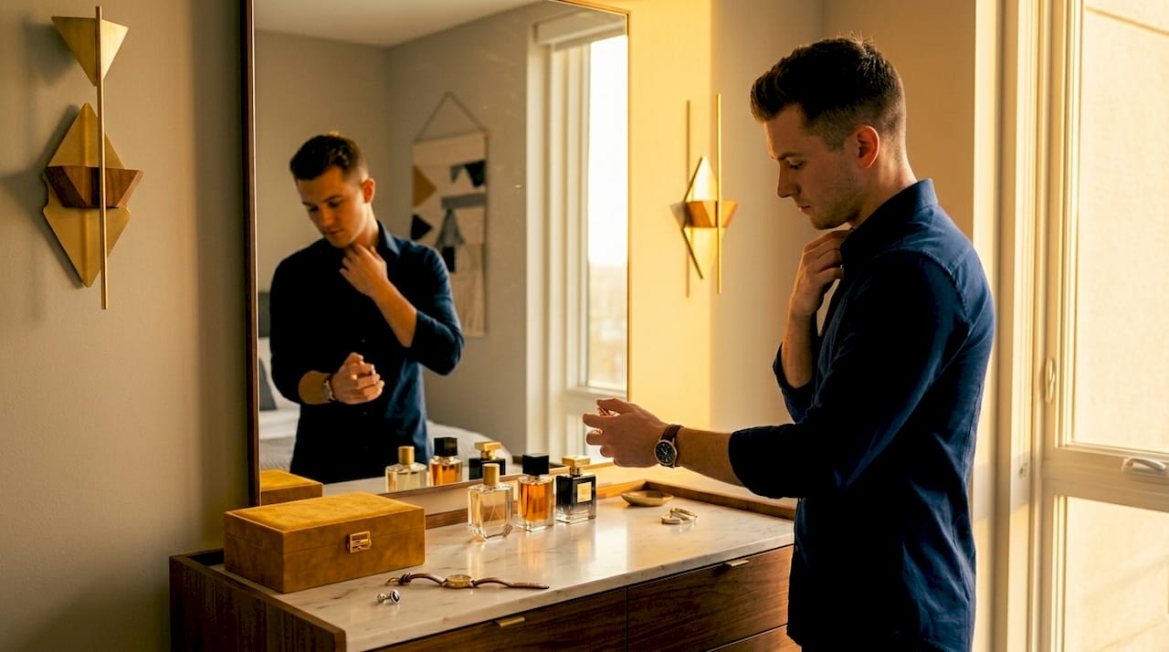 Man applying perfume at home vanity