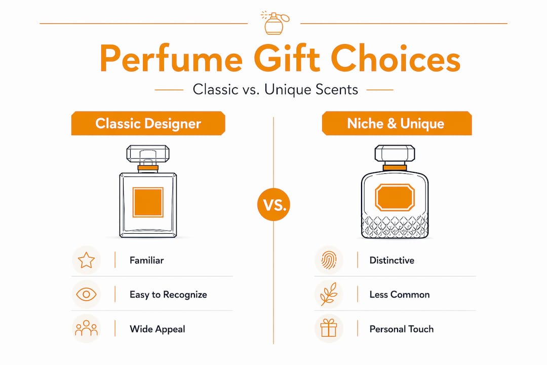 Infographic comparing classic and unique perfume gift types