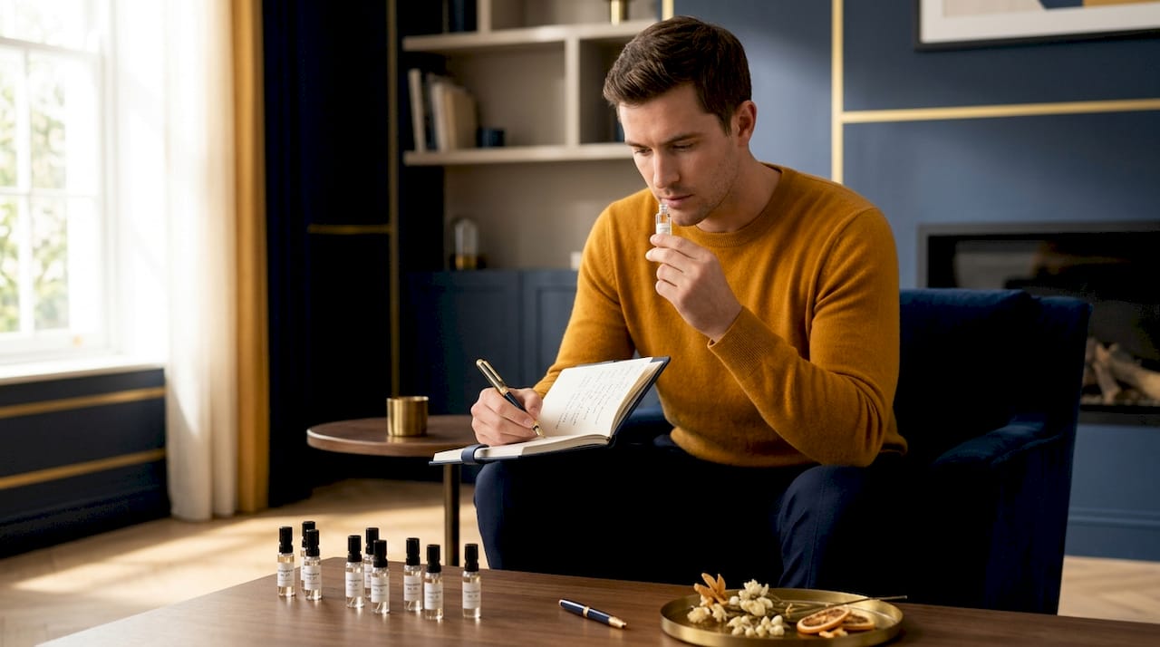 Man comparing perfume samples at home