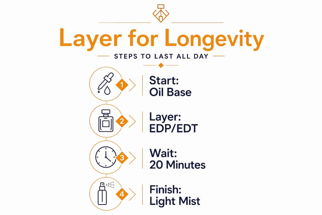 Perfume layering for longevity step infographic