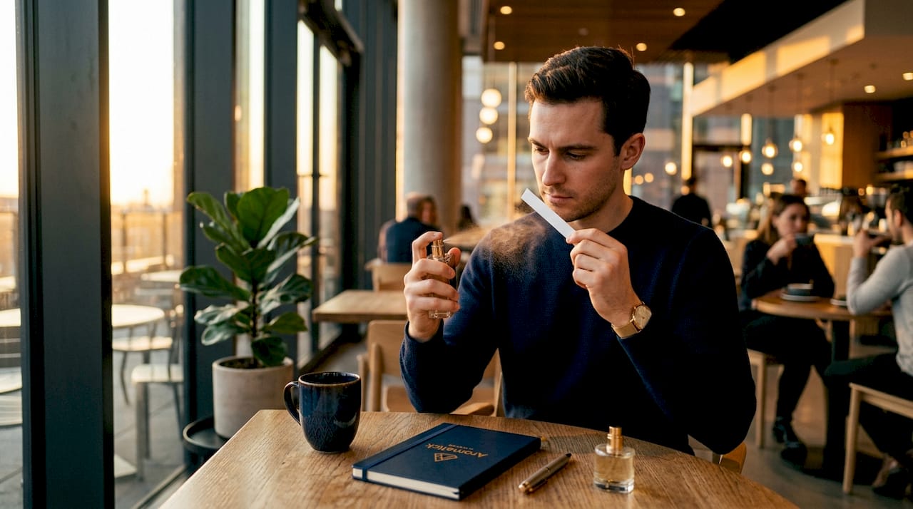Man testing fragrance using scent strip at coffee table