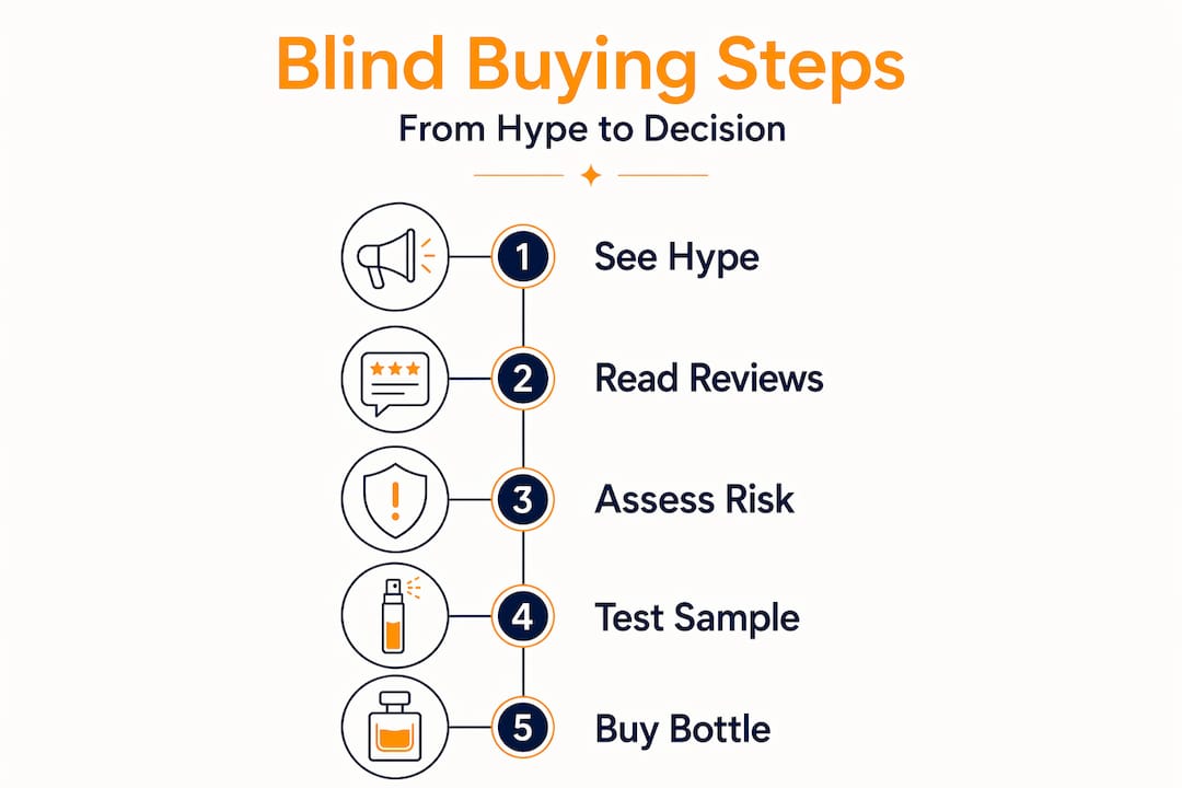 Infographic outlining steps in blind fragrance buying
