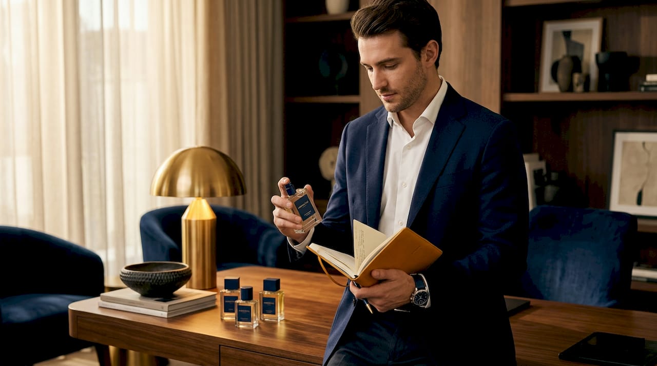 Man testing perfume on wrist by sink