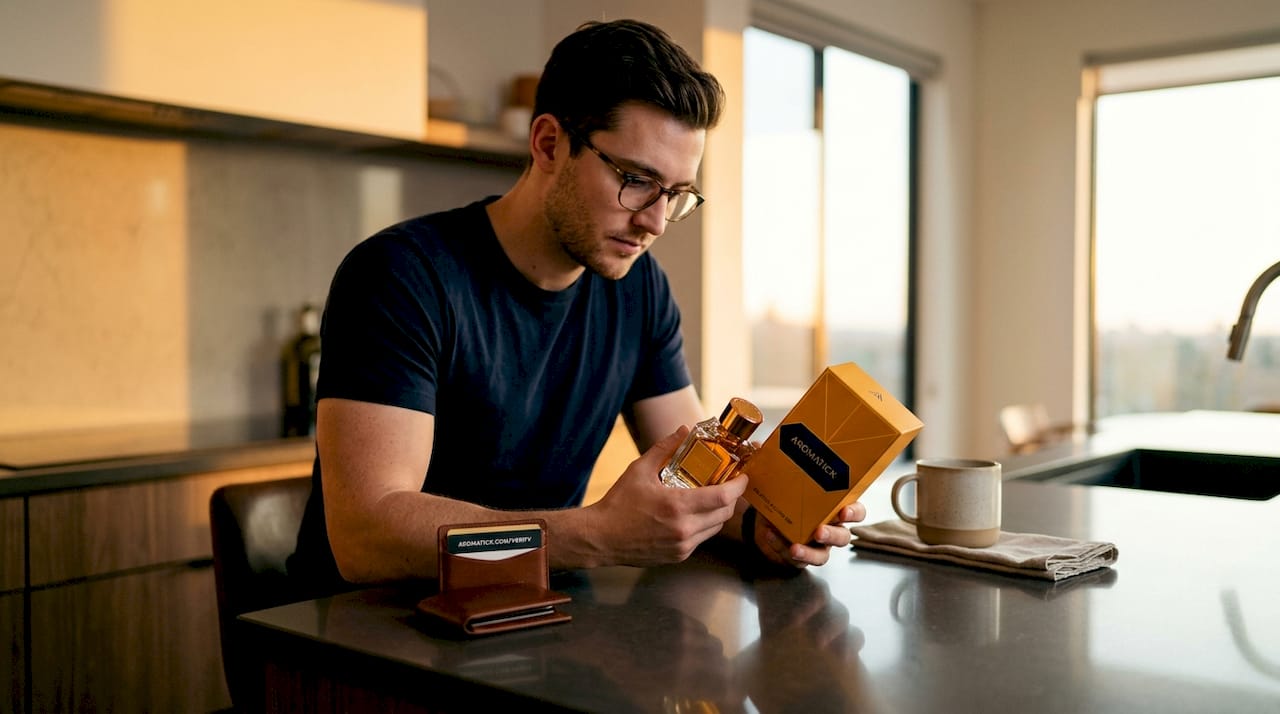 Man verifying authenticity of online perfume purchase