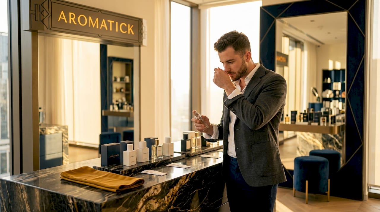 Man tests perfume on wrist in boutique