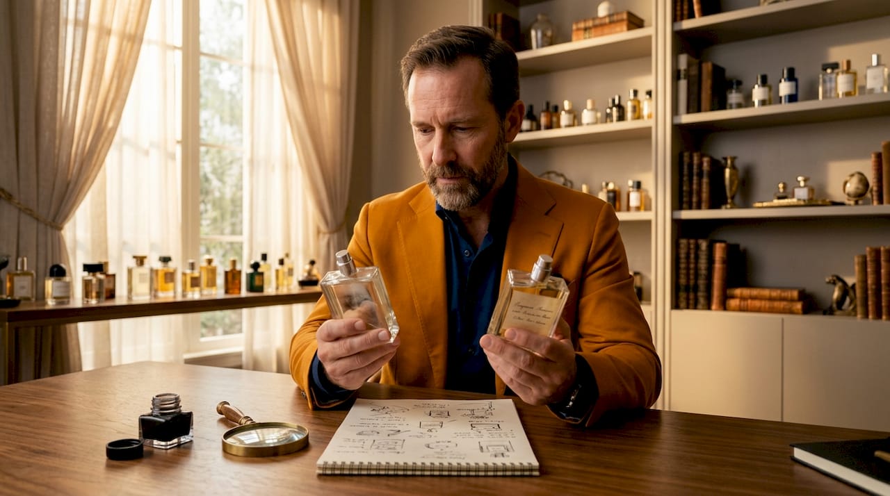Expert closely inspecting two perfume bottles