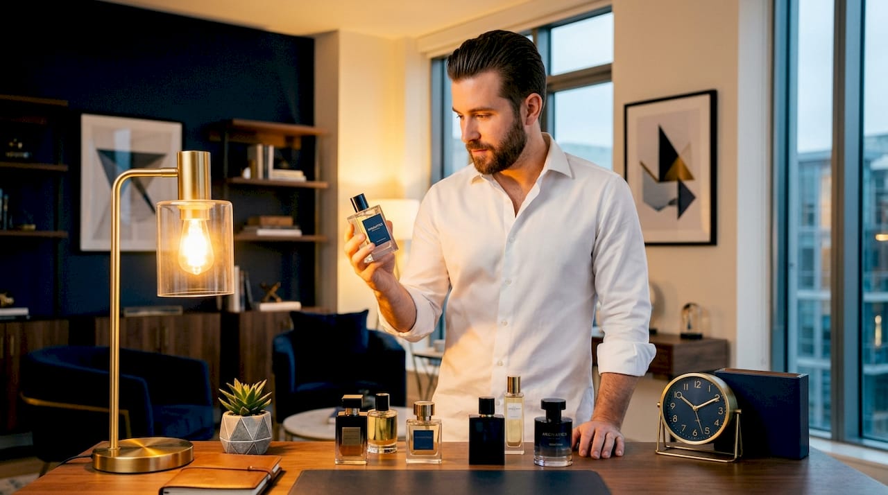 Man choosing a cologne beside dresser