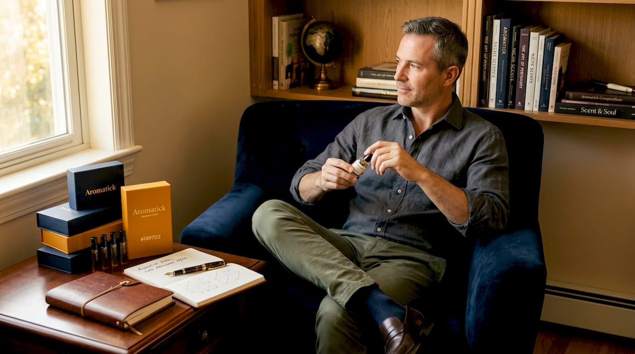 Man reflecting on scent with perfume samples