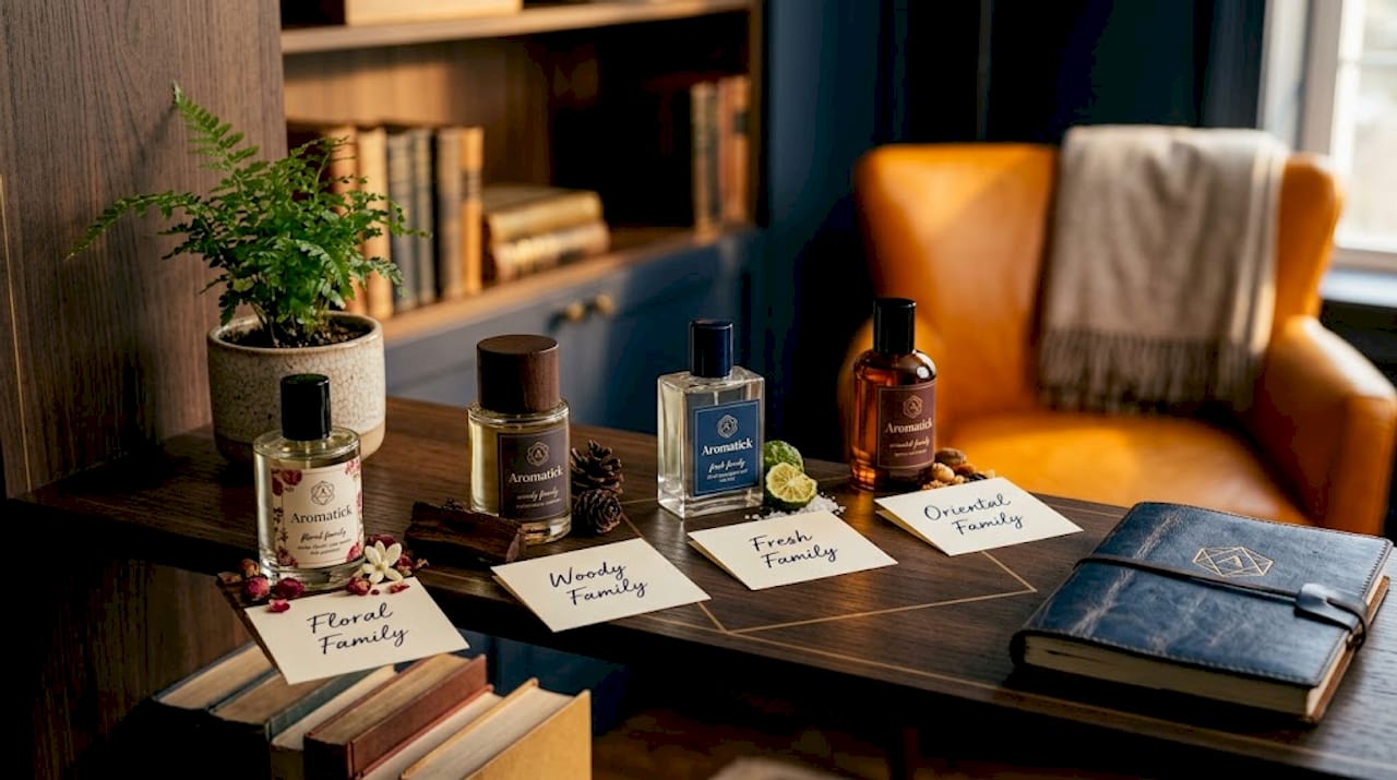 Fragrance bottles grouped by scent families