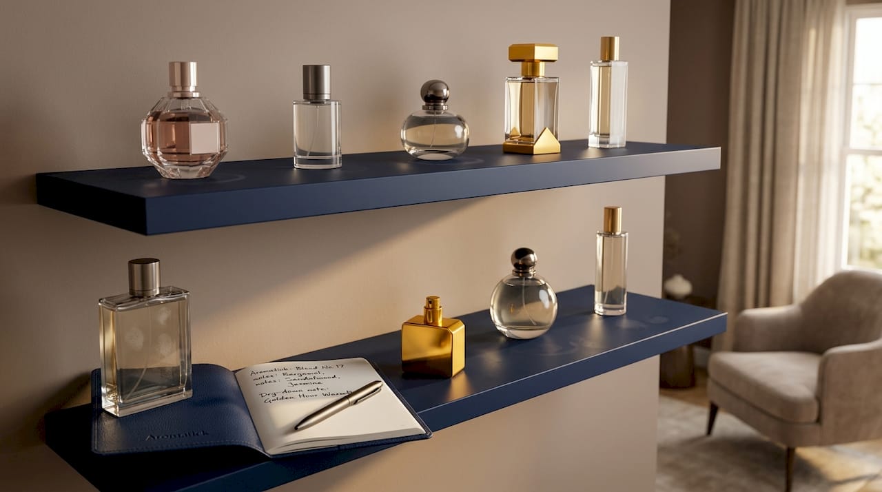 Perfume collection displayed on living room shelf