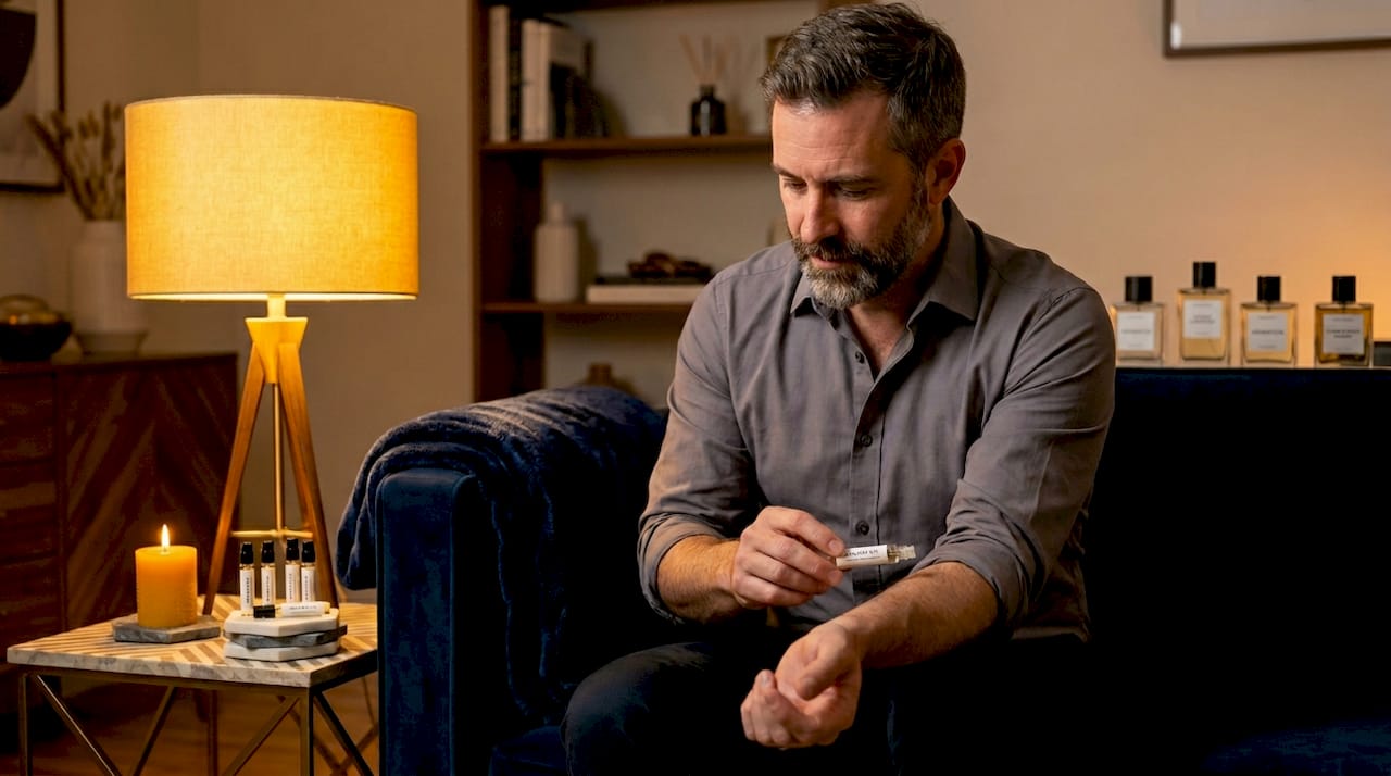 Man dabbing perfume sample on forearm in kitchen