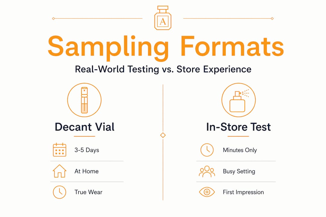 Infographic comparing decant vial and in-store perfume sampling