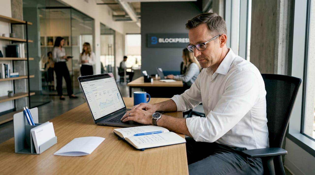 Marketer analyzing content metrics at kitchen table