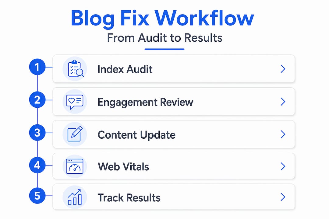 Vertical flow infographic of Shopify blog fix workflow