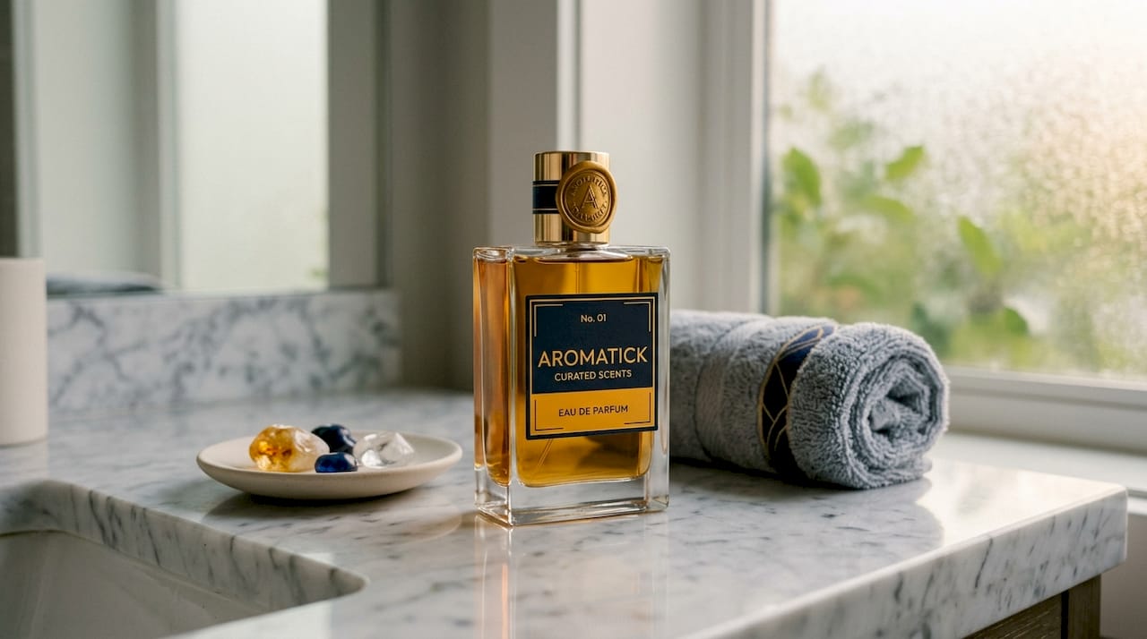 Single perfume bottle stored upright on dresser