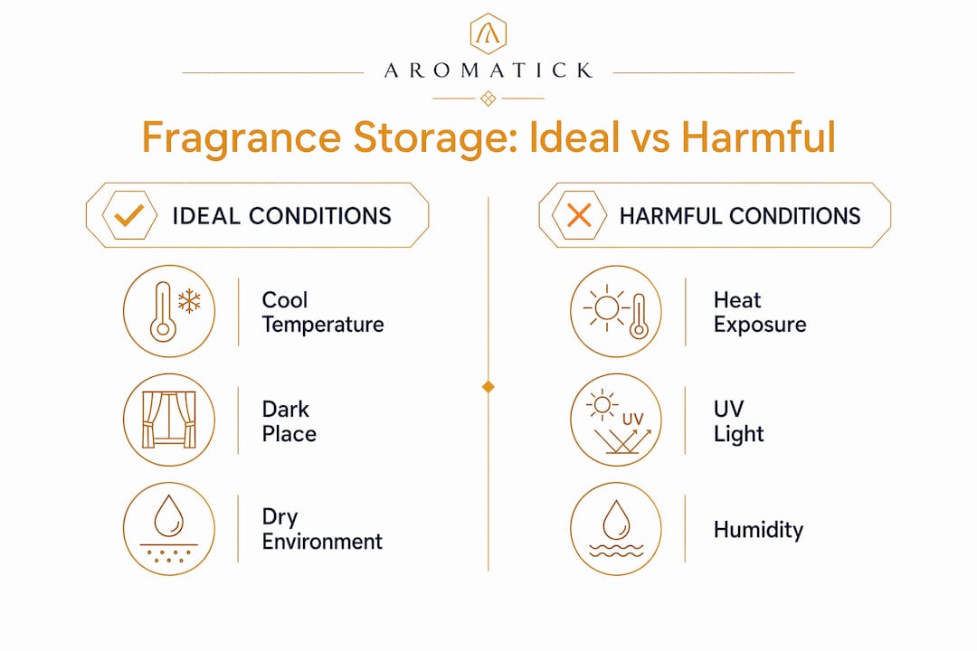 Infographic comparing ideal and harmful fragrance storage conditions