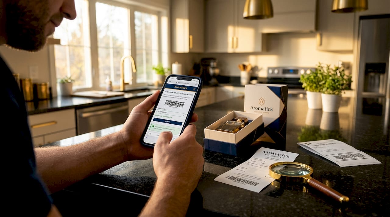 Hands checking fragrance batch code on phone