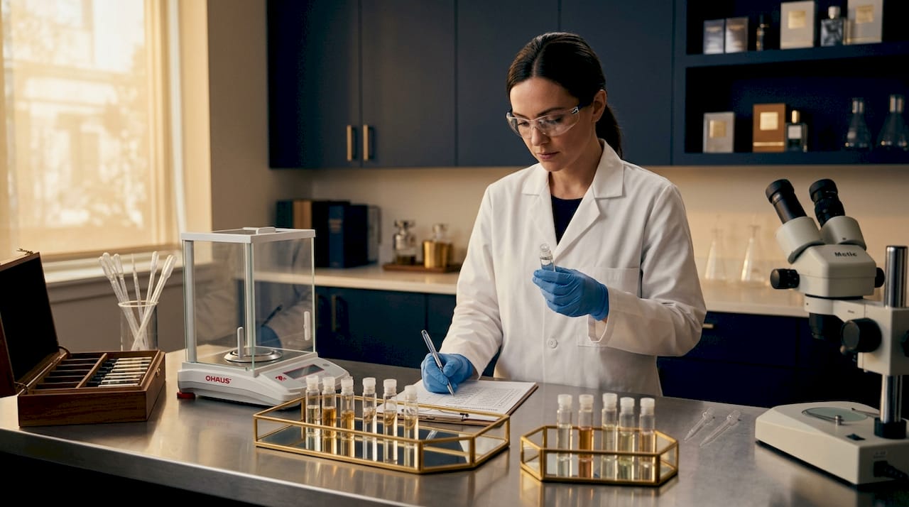 Technician inspecting cologne samples in quality control lab