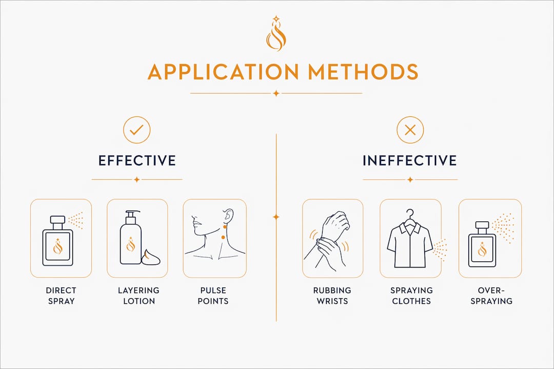Infographic comparing effective and ineffective perfume methods
