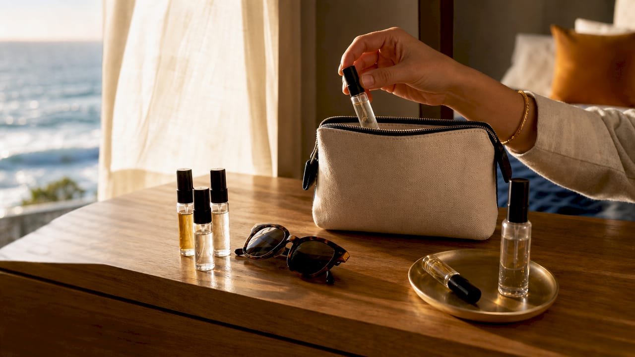 Hand placing travel-sized perfume spray in pouch